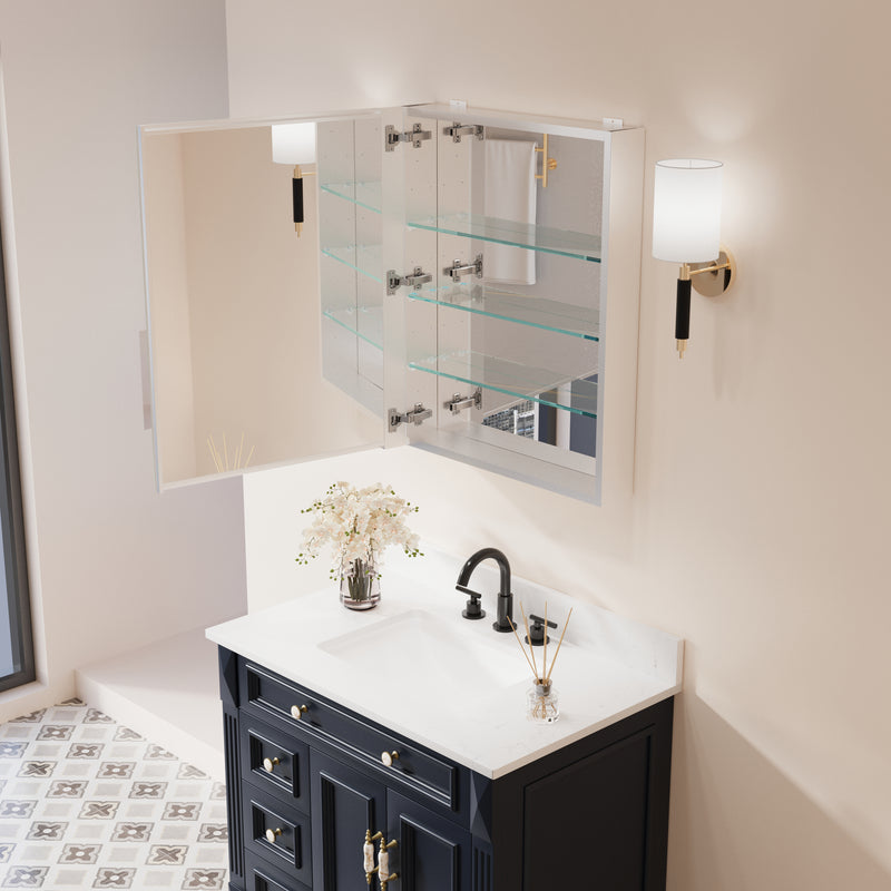 24 in.x 30 in. Copper-Free Tri-Views Mirror Cabinet with Adjustable Shelves and Left Swing Door