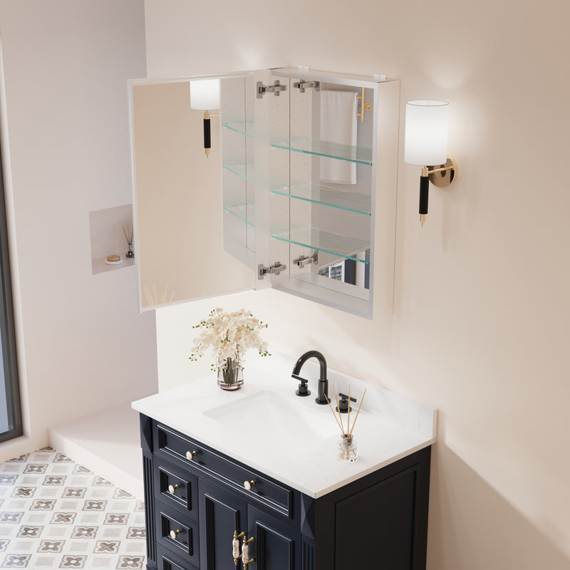 20 in.x 30 in. Copper-Free Tri-Views Mirror Cabinet with Adjustable Shelves and Left Swing Door