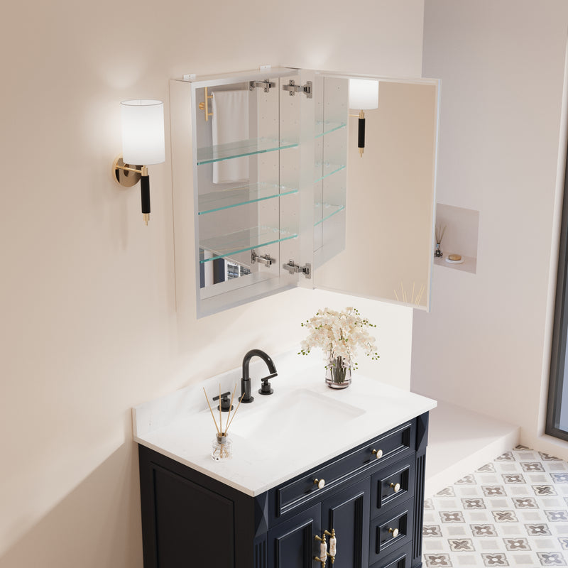 20 in.x 30 in. Copper-Free Tri-Views Mirror Cabinet with Adjustable Shelves and Right Swing Door