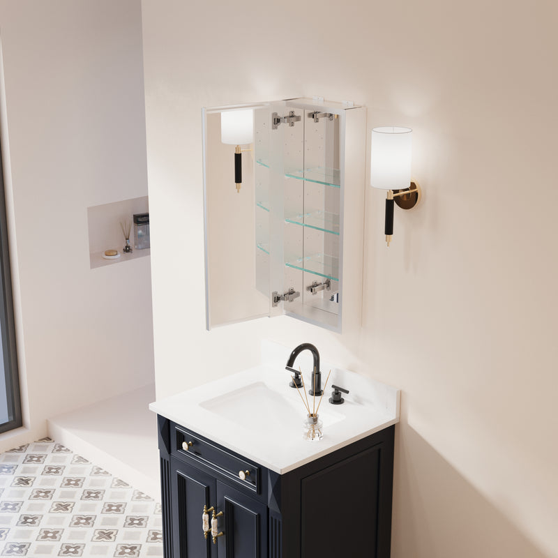 12 in. x 30 in. Copper-Free Tri-Views Mirror Medicine Cabinet with Adjustable Shelves and Left Swing Door
