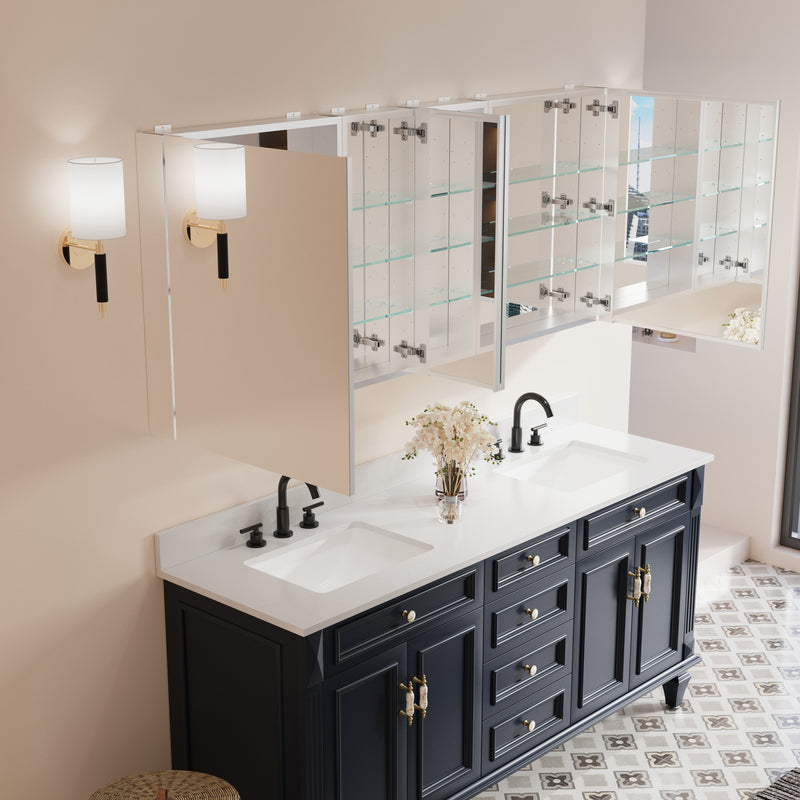 72 in. ×30 in. Copper-Free Tri-Views Mirror Medicine Cabinet with Adjustable Shelves and 4 Swing Doors