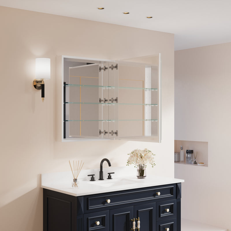 36 in. x30 in. Copper-Free Tri-Views Mirror Medicine Cabinet with Adjustable Shelves and and Dual Swing Doors