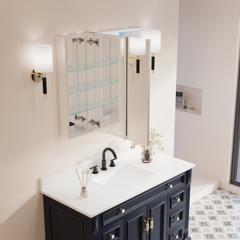 32 in. x 30 in. Copper-Free Tri-Views Mirror Medicine Cabinet with Adjustable Shelves and Dual Swing Doors