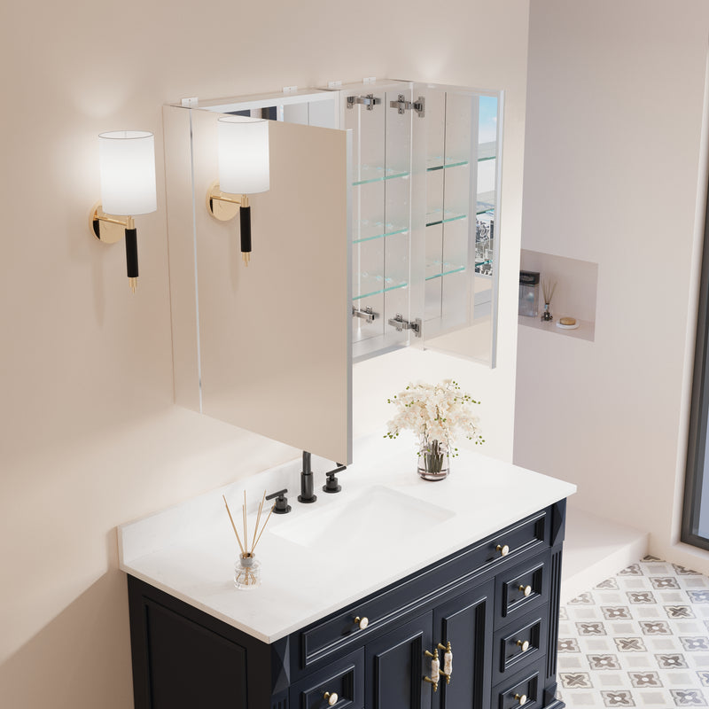 32 in. x 30 in. Copper-Free Tri-Views Mirror Medicine Cabinet with Adjustable Shelves and Dual Swing Doors