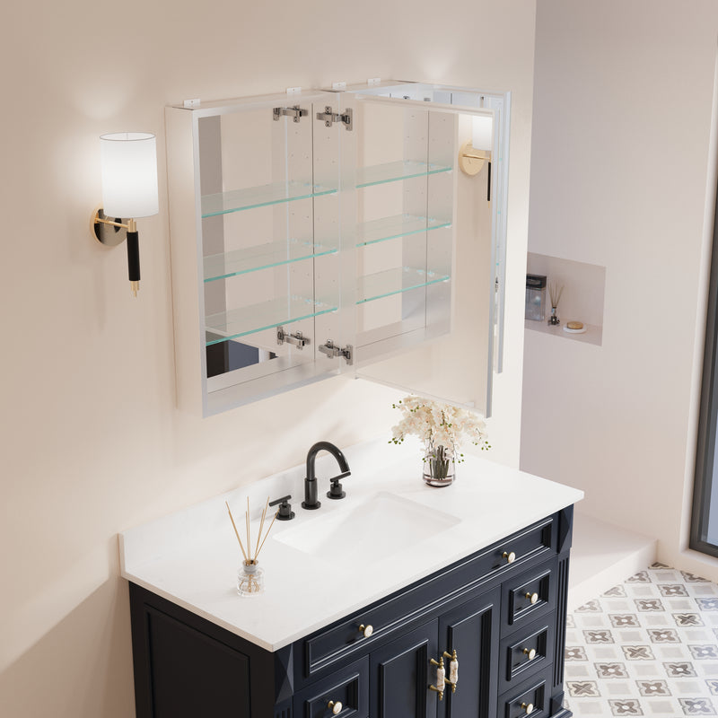 32 in. x 30 in. Copper-Free Tri-Views Mirror Medicine Cabinet with Adjustable Shelves and Dual Swing Doors