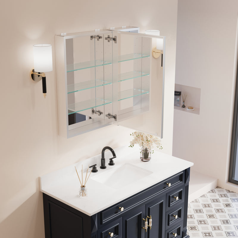 32 in. x 30 in. Copper-Free Tri-Views Mirror Medicine Cabinet with Adjustable Shelves and Dual Swing Doors