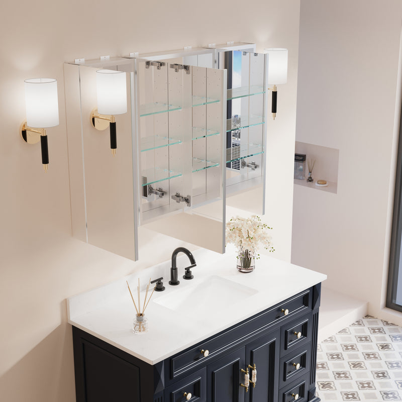 44 in. x30 in. Copper-Free Tri-Views Mirror Medicine Cabinet with Adjustable Shelves and 3 Doors