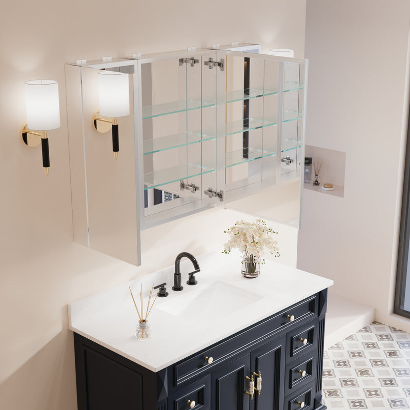 44 in. x30 in. Copper-Free Tri-Views Mirror Medicine Cabinet with Adjustable Shelves and 3 Doors