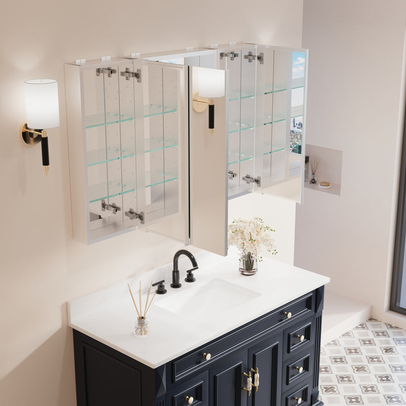 44 in. x30 in. Copper-Free Tri-Views Mirror Medicine Cabinet with Adjustable Shelves and 3 Doors