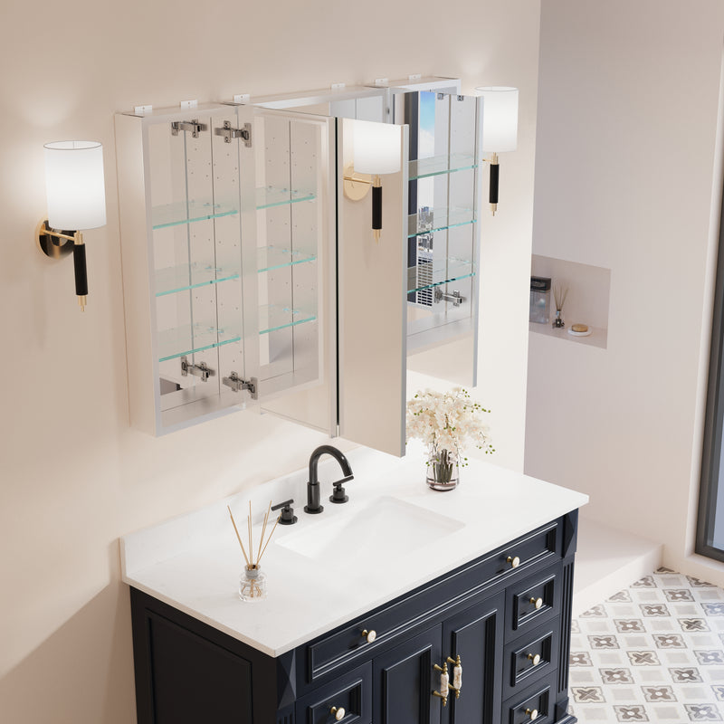44 in. x30 in. Copper-Free Tri-Views Mirror Medicine Cabinet with Adjustable Shelves and 3 Doors