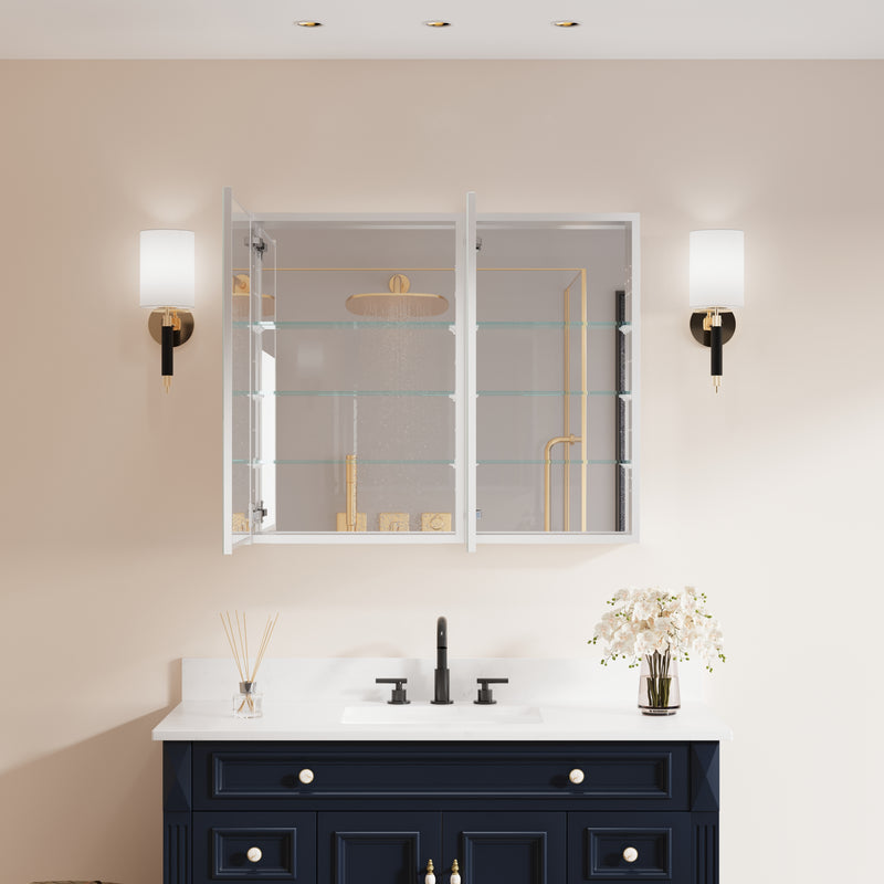 36 in. ×30 in. Copper-Free Tri-Views Mirror Medicine Cabinet with Adjustable Shelves and Dual Swing Doors