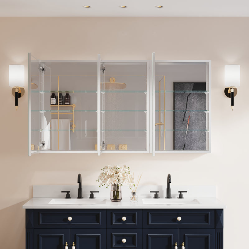 56 in. ×30 in. Copper-Free Tri-Views Mirror Medicine Cabinet with Adjustable Shelves and 3 Doors