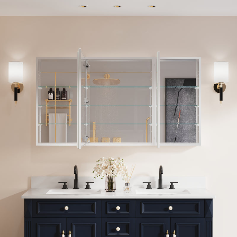 56 in. ×30 in. Copper-Free Tri-Views Mirror Medicine Cabinet with Adjustable Shelves and 3 Doors