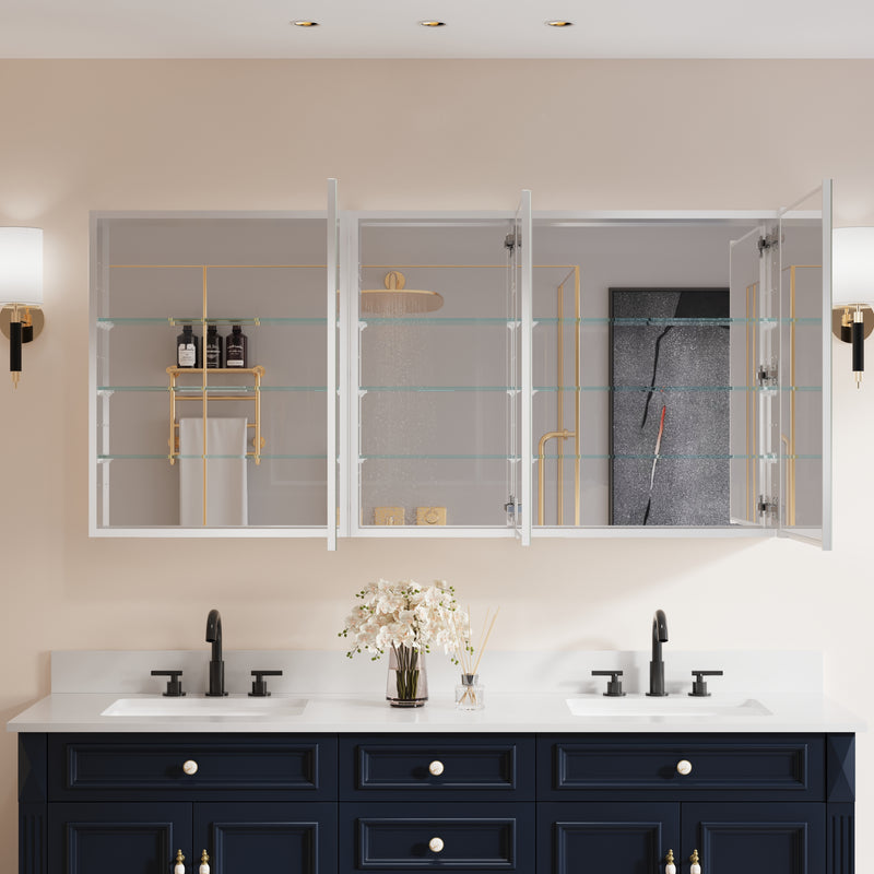 64 in. ×30 in. Copper-Free Tri-Views Mirror Medicine Cabinet with Adjustable Shelves and 3 Doors