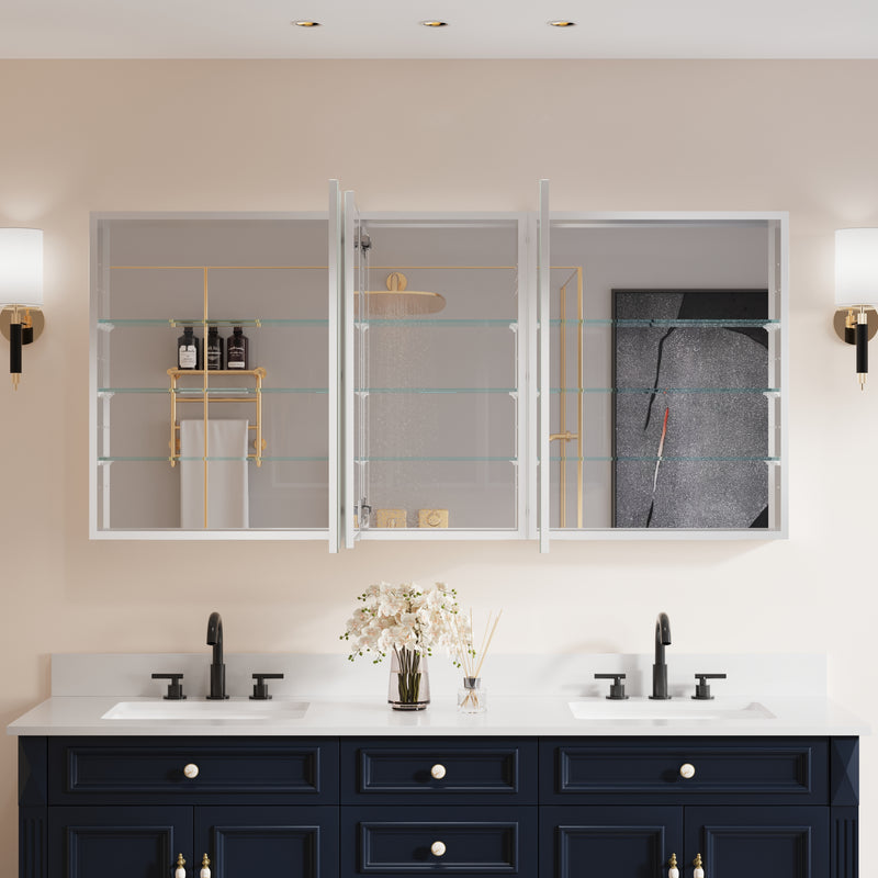 64 in. ×30 in. Copper-Free Tri-Views Mirror Medicine Cabinet with Adjustable Shelves and 3 Doors