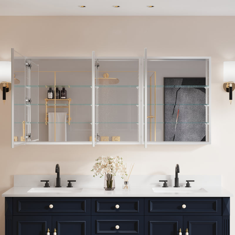 64 in. ×30 in. Copper-Free Tri-Views Mirror Medicine Cabinet with Adjustable Shelves and 3 Doors
