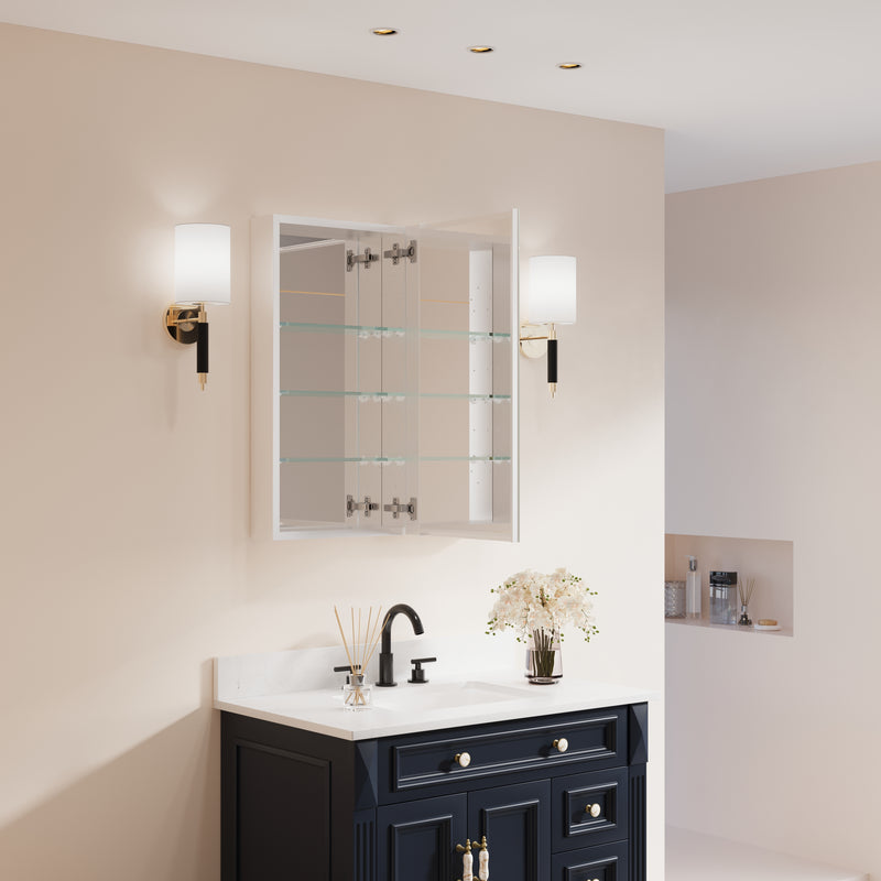 28 in. ×30 in. Copper-Free Tri-Views Mirror Medicine Cabinet with Adjustable Shelves and Dual Swing Doors