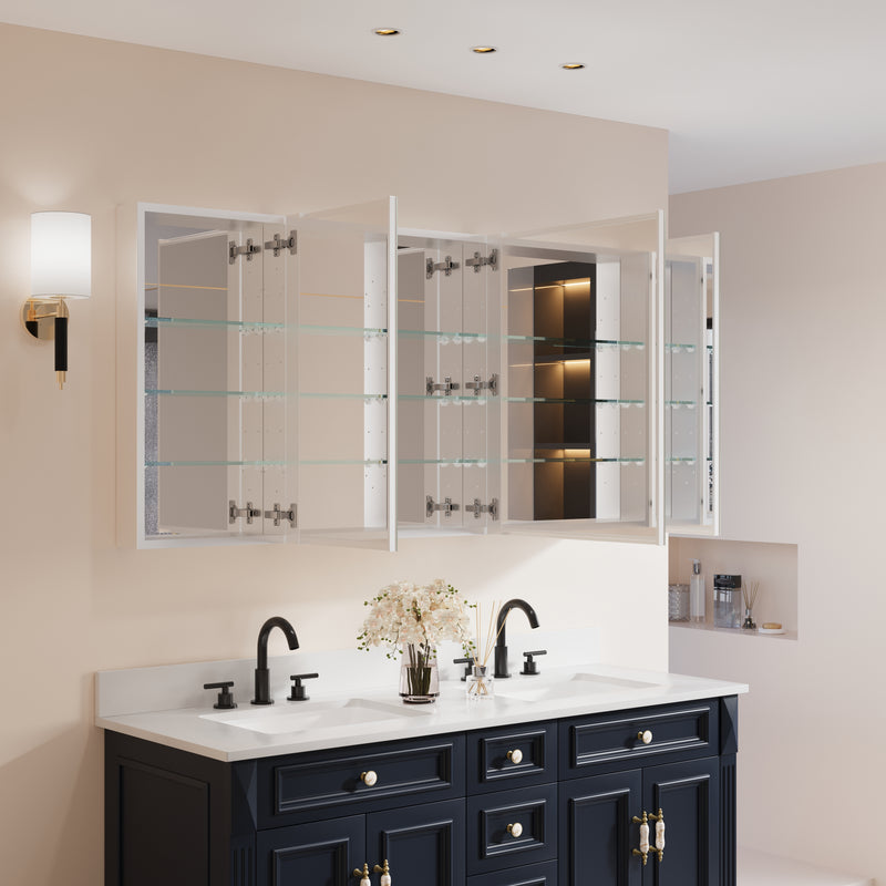 56 in. ×30 in. Copper-Free Tri-Views Mirror Medicine Cabinet with Adjustable Shelves and 3 Doors