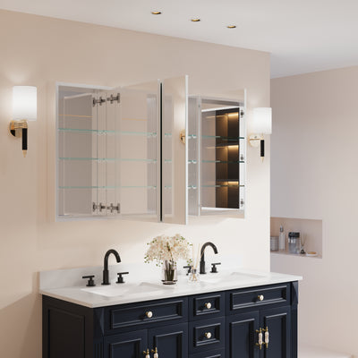 56 in. ×30 in. Copper-Free Tri-Views Mirror Medicine Cabinet with Adjustable Shelves and 3 Doors