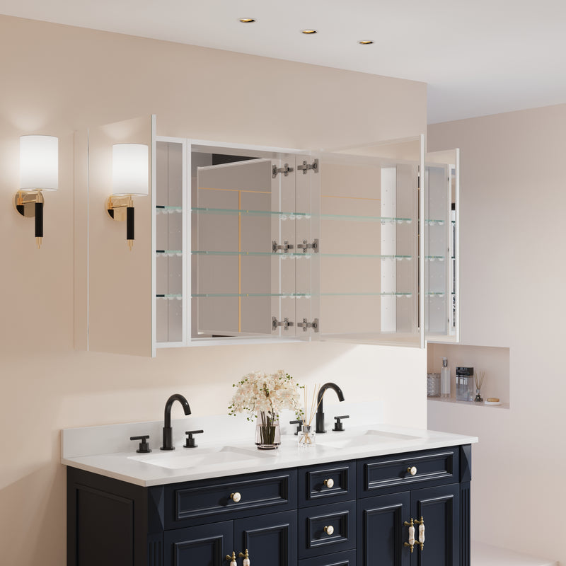 56 in. ×30 in. Copper-Free Tri-Views Mirror Medicine Cabinet with Adjustable Shelves and 3 Doors