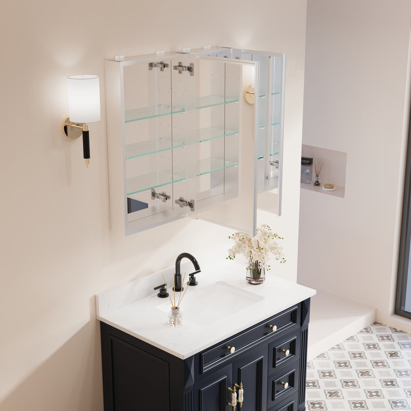 28 in. ×30 in. Copper-Free Tri-Views Mirror Medicine Cabinet with Adjustable Shelves and Dual Swing Doors