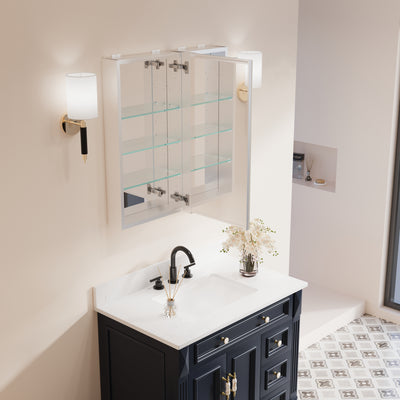28 in. ×30 in. Copper-Free Tri-Views Mirror Medicine Cabinet with Adjustable Shelves and Dual Swing Doors