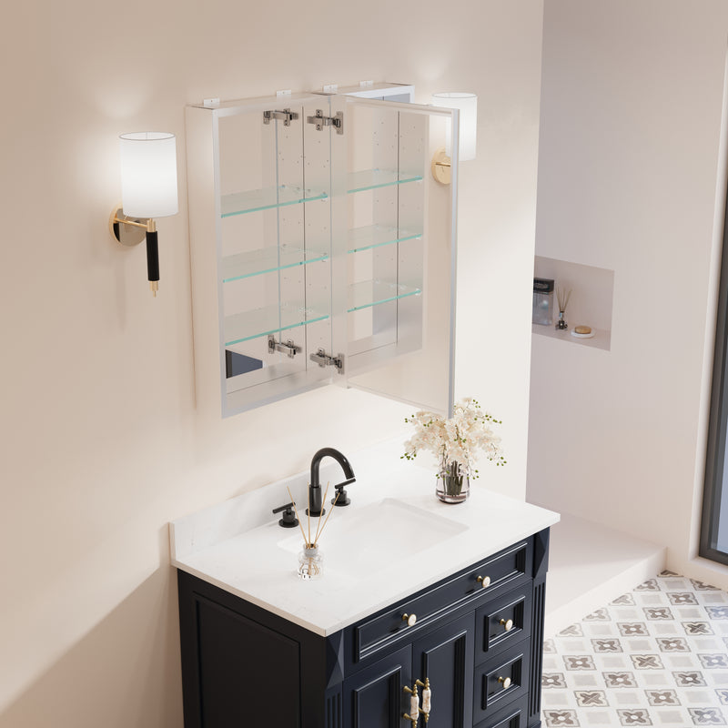 28 in. ×30 in. Copper-Free Tri-Views Mirror Medicine Cabinet with Adjustable Shelves and Dual Swing Doors