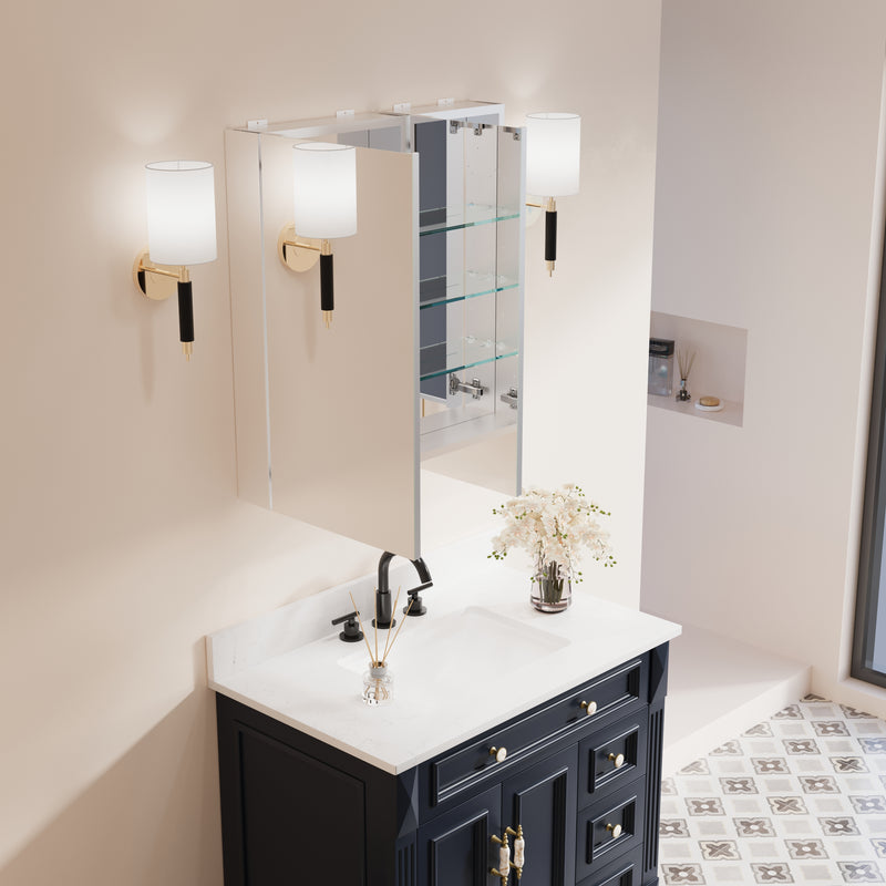 28 in. ×30 in. Copper-Free Tri-Views Mirror Medicine Cabinet with Adjustable Shelves and Dual Swing Doors