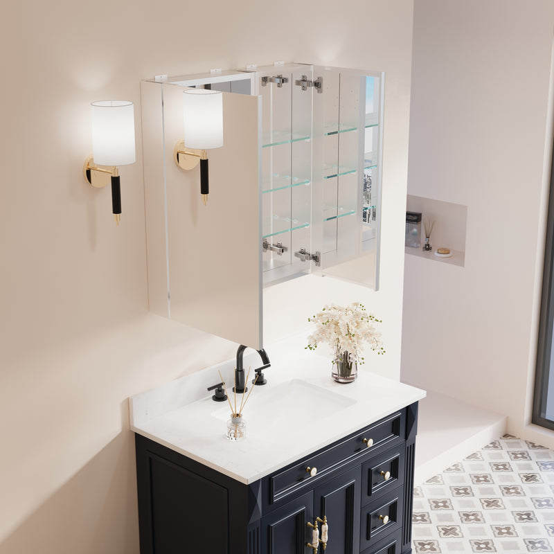 28 in. ×30 in. Copper-Free Tri-Views Mirror Medicine Cabinet with Adjustable Shelves and Dual Swing Doors