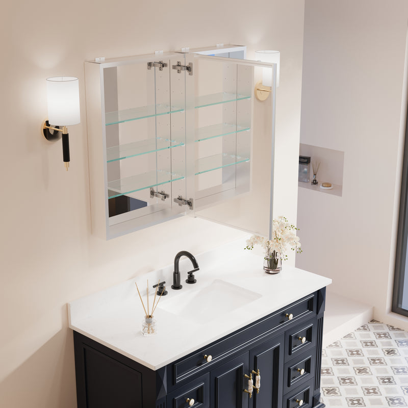 36 in. ×30 in. Copper-Free Tri-Views Mirror Medicine Cabinet with Adjustable Shelves and Dual Swing Doors