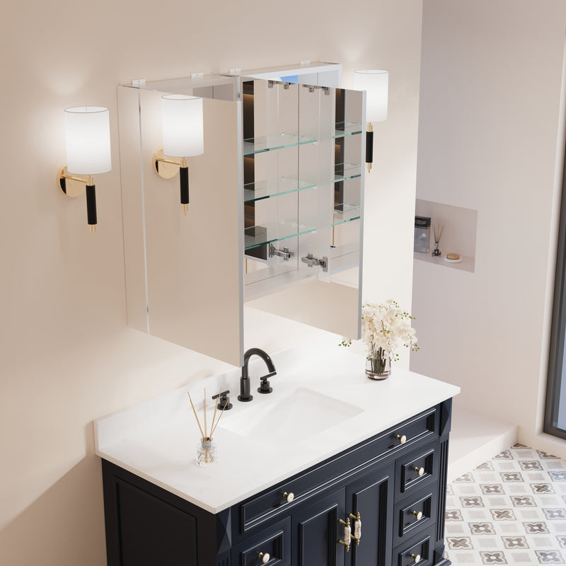 36 in. ×30 in. Copper-Free Tri-Views Mirror Medicine Cabinet with Adjustable Shelves and Dual Swing Doors
