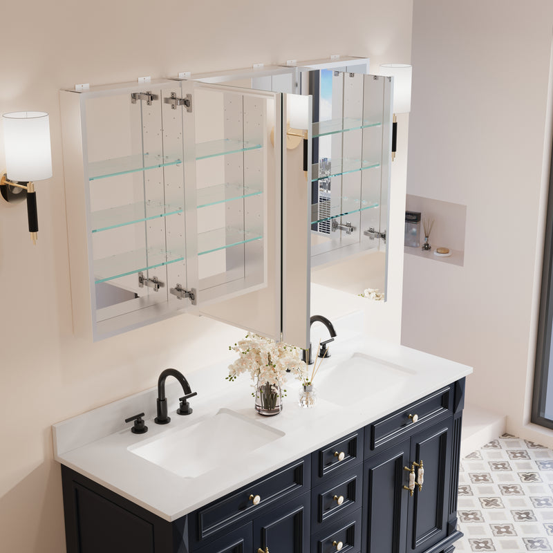 52 in. ×30 in. Copper-Free Tri-Views Mirror Medicine Cabinet with Adjustable Shelves and 3 Doors