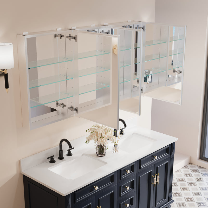 56 in. ×30 in. Copper-Free Tri-Views Mirror Medicine Cabinet with Adjustable Shelves and 3 Doors