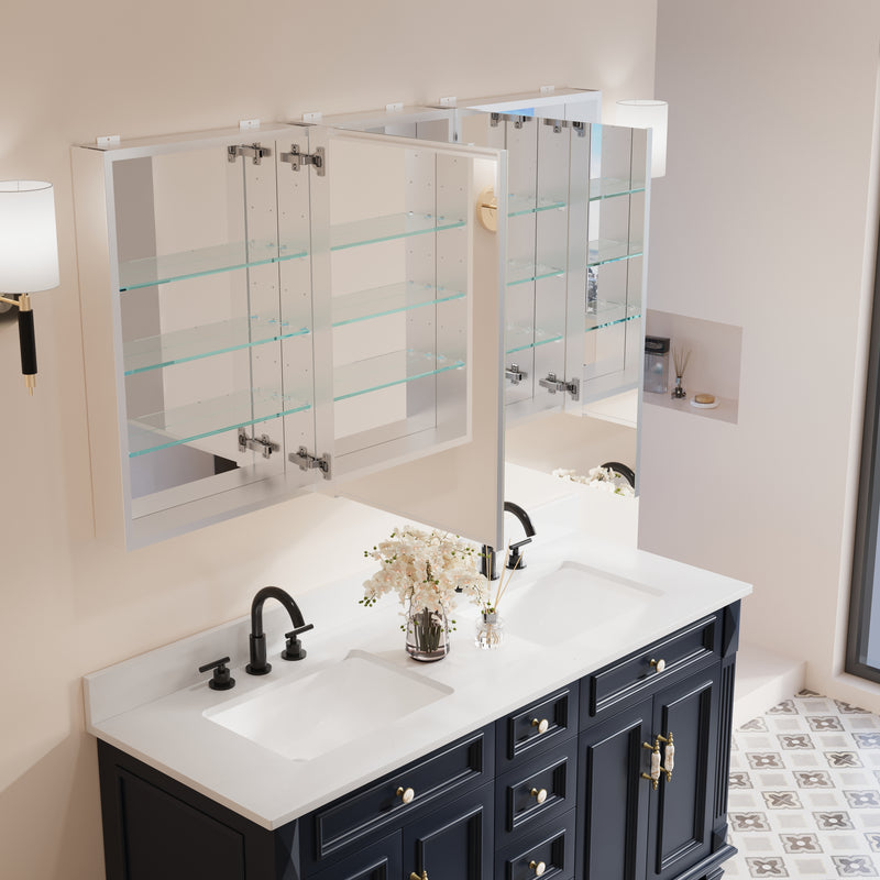 56 in. ×30 in. Copper-Free Tri-Views Mirror Medicine Cabinet with Adjustable Shelves and 3 Doors