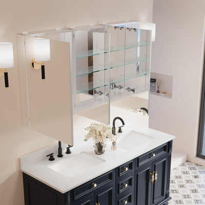 56 in. ×30 in. Copper-Free Tri-Views Mirror Medicine Cabinet with Adjustable Shelves and 3 Doors