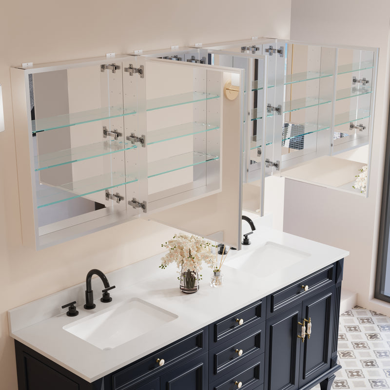 64 in. ×30 in. Copper-Free Tri-Views Mirror Medicine Cabinet with Adjustable Shelves and 3 Doors