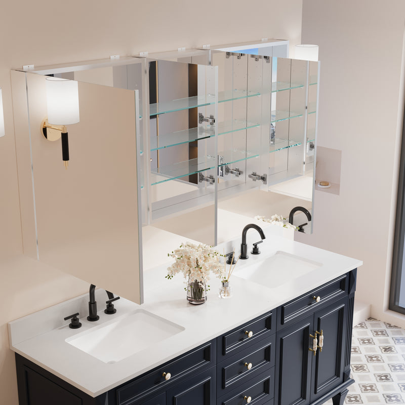 64 in. ×30 in. Copper-Free Tri-Views Mirror Medicine Cabinet with Adjustable Shelves and 3 Doors