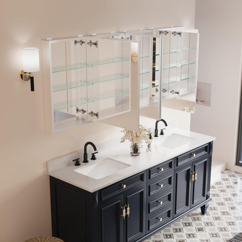 72 in. ×30 in. Copper-Free Tri-Views Mirror Medicine Cabinet with Adjustable Shelves and Dual Swing Doors