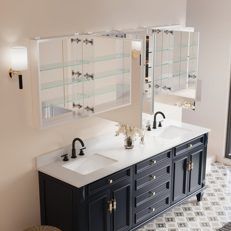 80 in. ×30 in. Copper-Free Tri-Views Mirror Medicine Cabinet with Adjustable Shelves and Dual Swing Doors