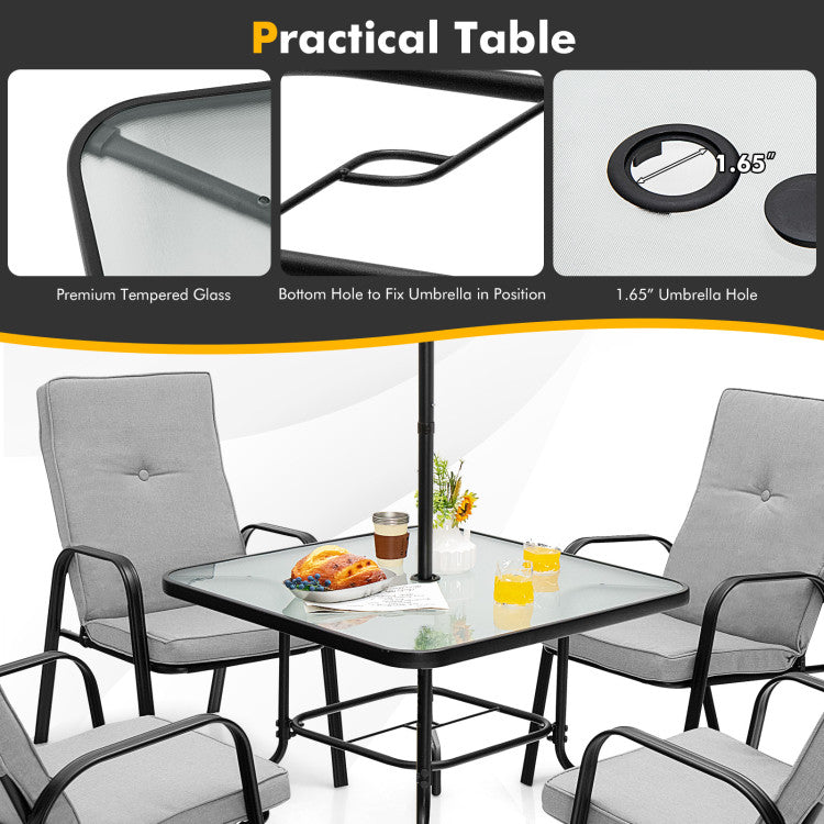 6 Pieces Patio Dining Set with Umbrella and Stackable Cushioned Chairs