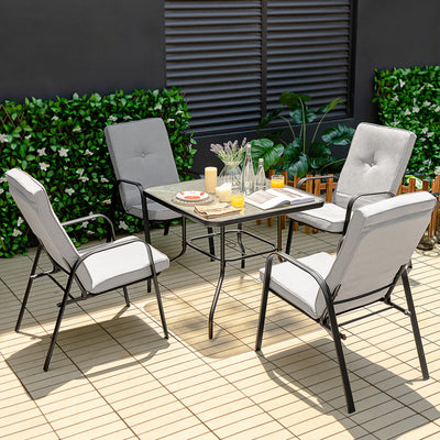 6 Pieces Patio Dining Set with Umbrella and Stackable Cushioned Chairs