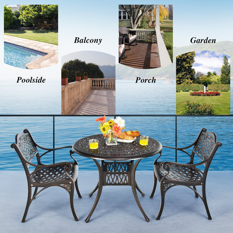 36 Inch Round Cast Aluminum Outdoor Dining Table with 2" Umbrella Hole, Patio Bistro Table for Backyard