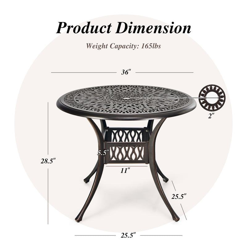 36 Inch Round Cast Aluminum Outdoor Dining Table with 2" Umbrella Hole, Patio Bistro Table for Backyard