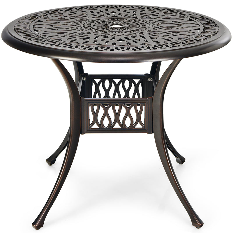 36 Inch Round Cast Aluminum Outdoor Dining Table with 2" Umbrella Hole, Patio Bistro Table for Backyard