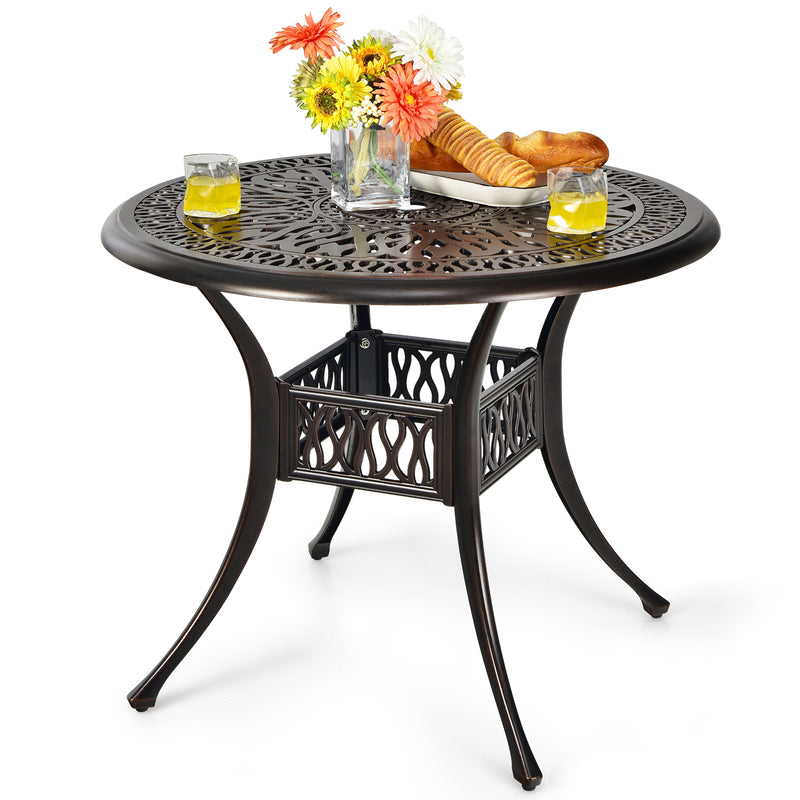 36 Inch Round Cast Aluminum Outdoor Dining Table with 2" Umbrella Hole, Patio Bistro Table for Backyard