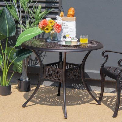 36 Inch Round Cast Aluminum Outdoor Dining Table with 2" Umbrella Hole, Patio Bistro Table for Backyard
