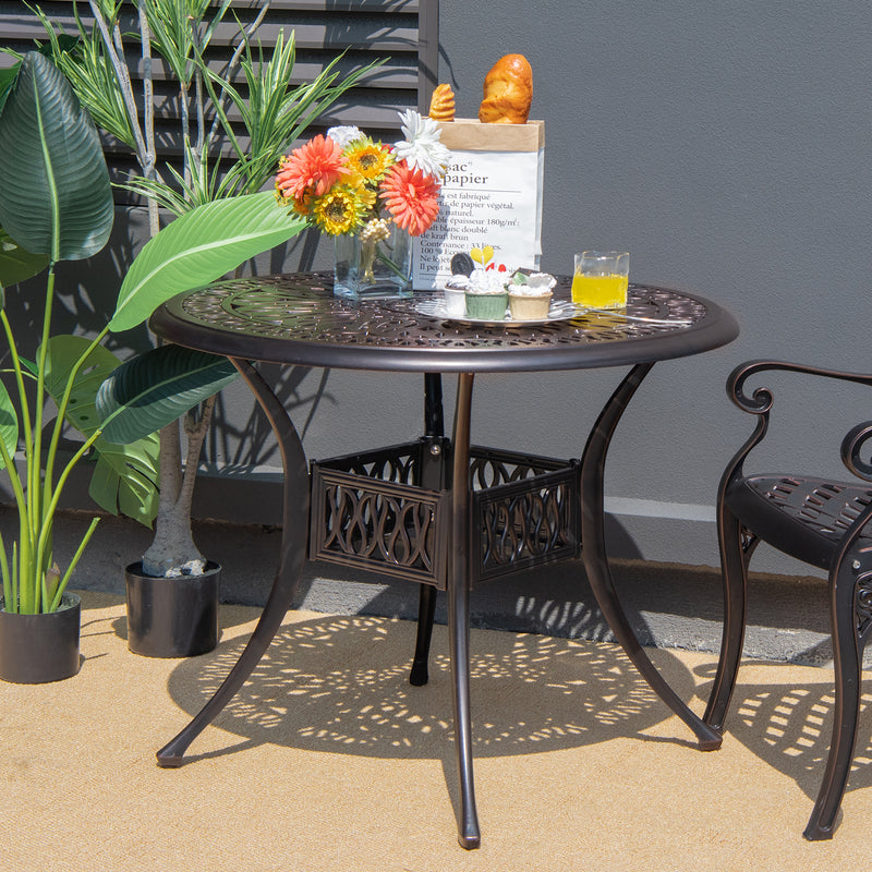 36 Inch Round Cast Aluminum Outdoor Dining Table with 2" Umbrella Hole, Patio Bistro Table for Backyard