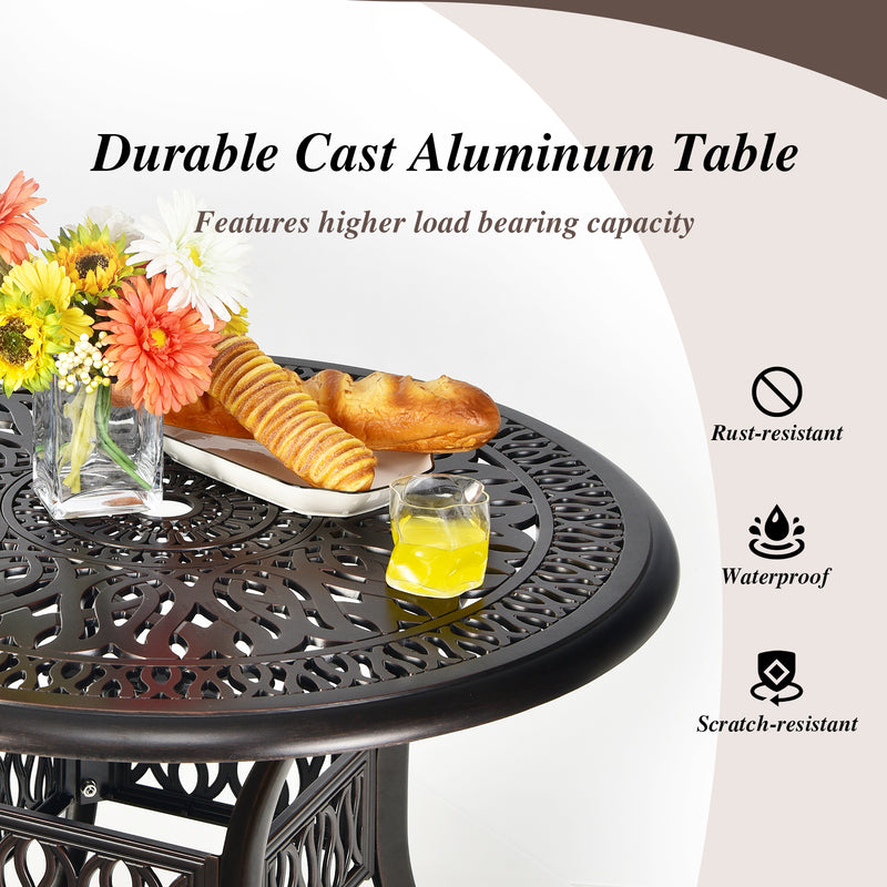 36 Inch Round Cast Aluminum Outdoor Dining Table with 2" Umbrella Hole, Patio Bistro Table for Backyard