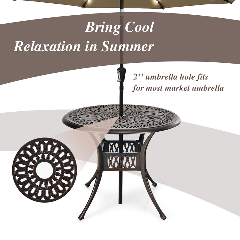 36 Inch Round Cast Aluminum Outdoor Dining Table with 2" Umbrella Hole, Patio Bistro Table for Backyard