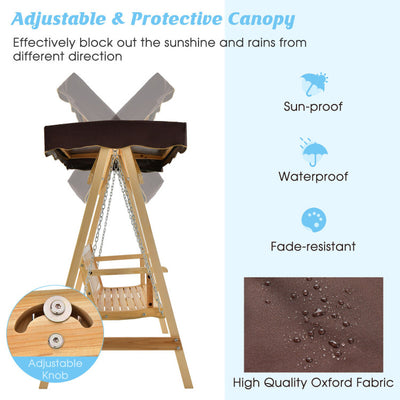 Patio Wooden Swing Bench Chair with Adjustable Canopy for 2 Persons